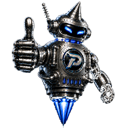 Mascote da PROMPTEX — robô metálico com brilho azul dando o polegar para cima